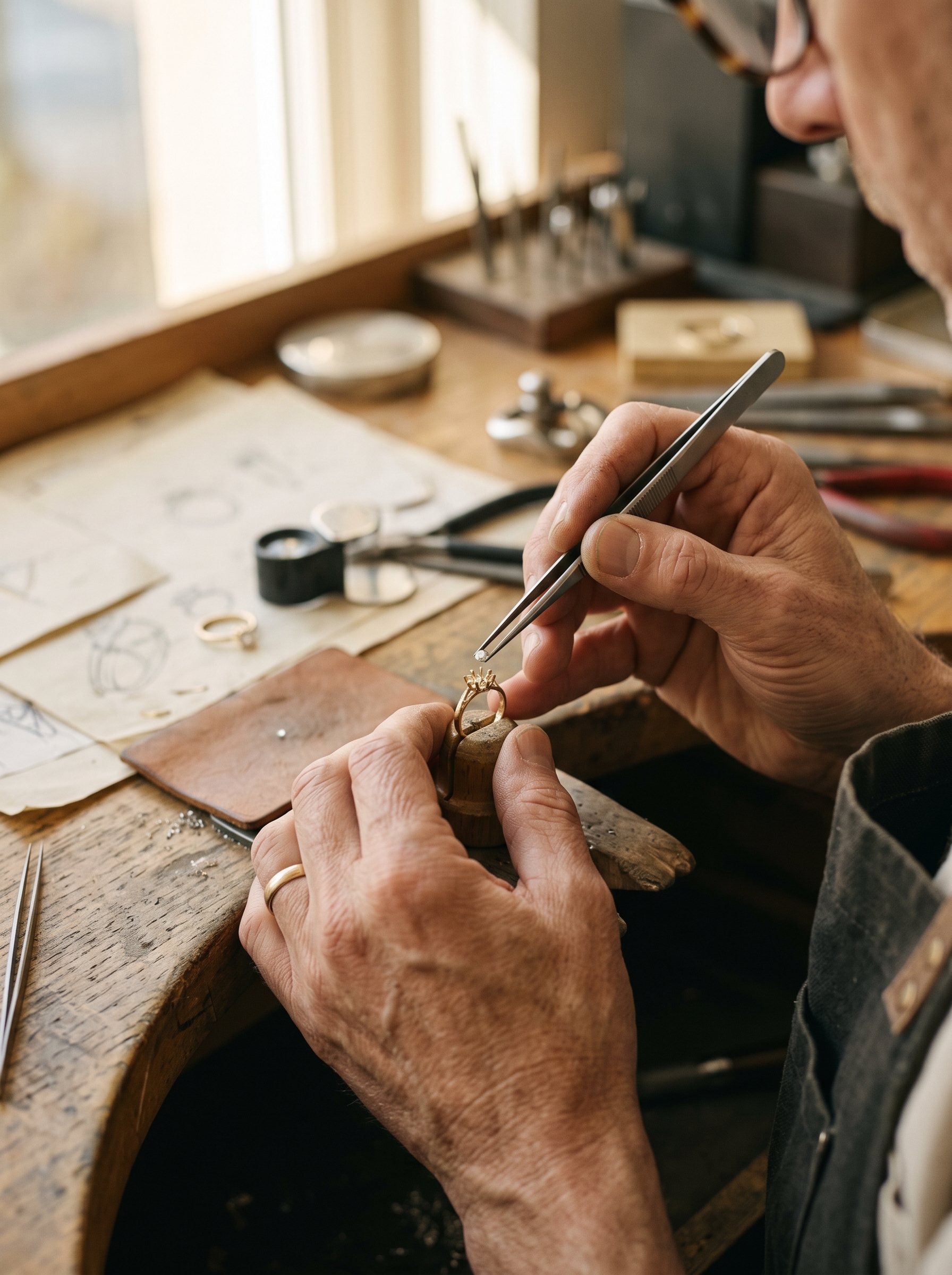 Master jeweller setting a diamond by hand in the atelier