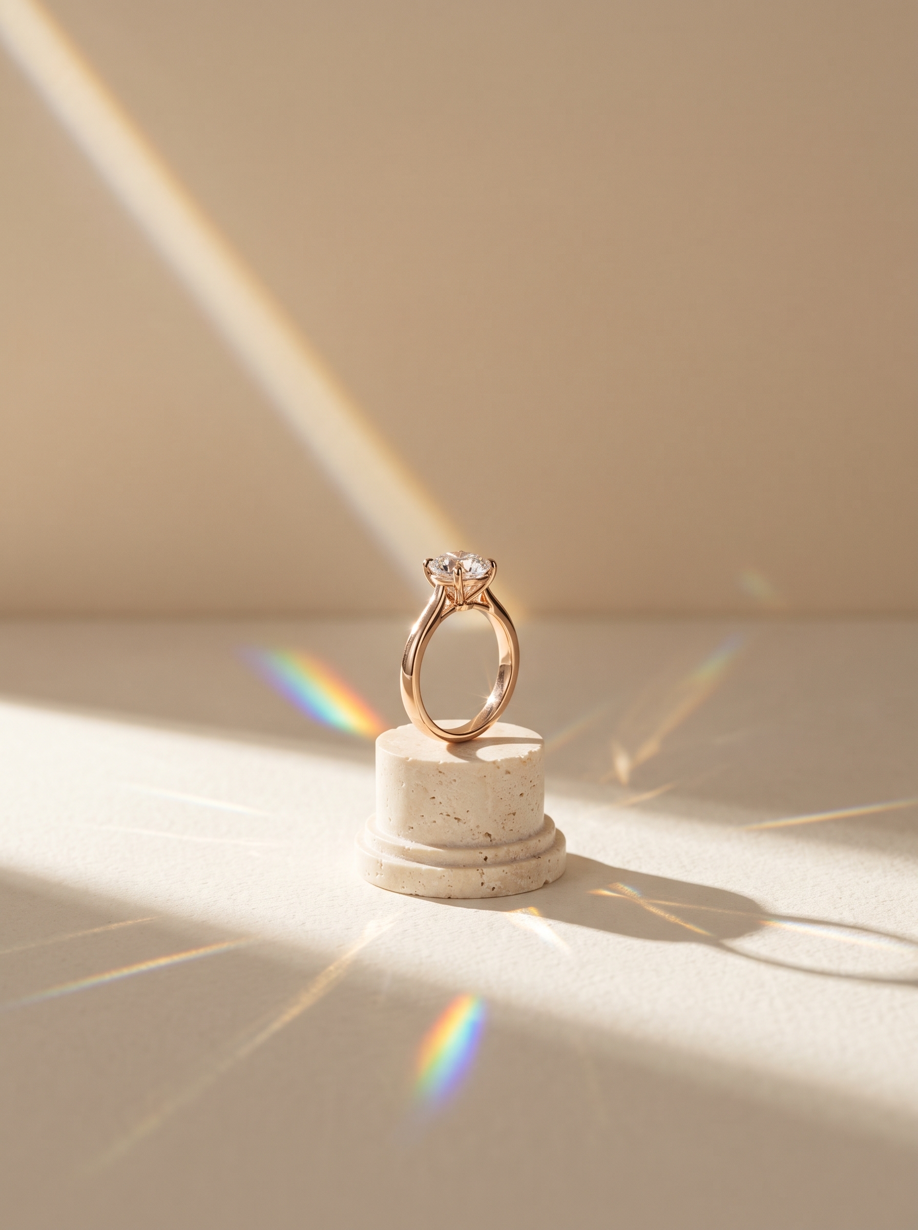 Rose gold solitaire diamond ring on a travertine pedestal